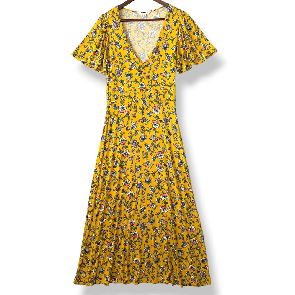Boden Maxi Dress 6R Yellow Floral EcoVero Jersey Flutter Sleeve V-Neck Boho Chic